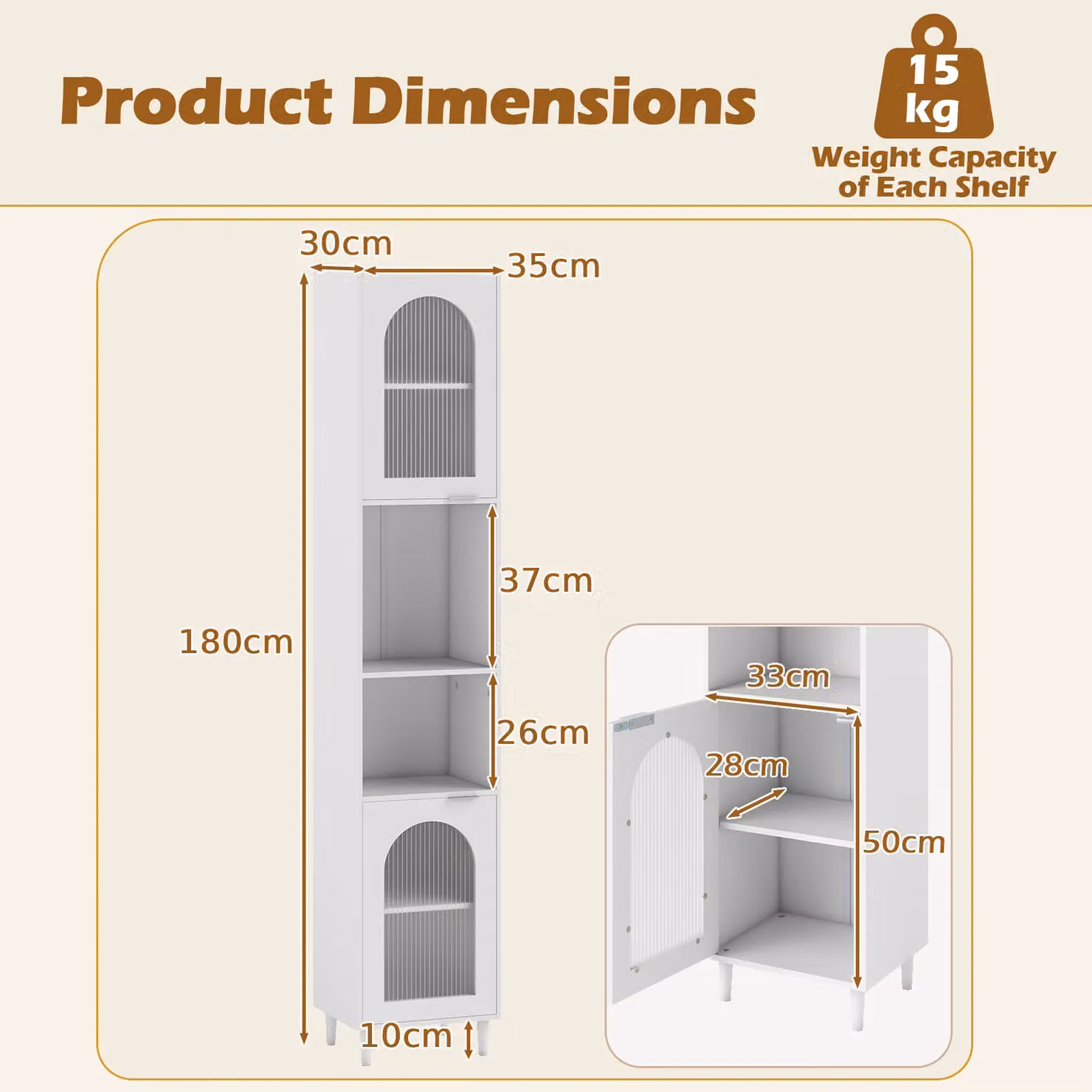Costway Tall White Bathroom Storage Cabinet with Doors and Open Shelves, H: 180 cm, W: 35 cm – 2