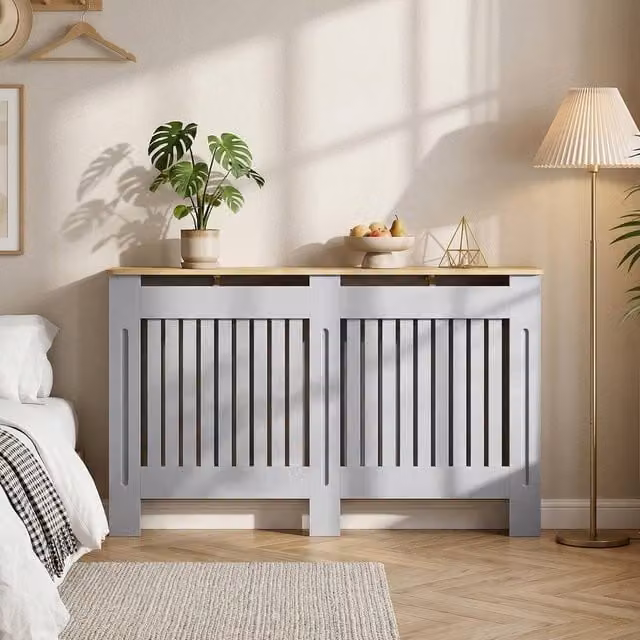 HOMCOM Grey Painted Slatted MDF Radiator Cover Cabinet, W: 152 cm, D: 19 cm, H: 81 cm – 1