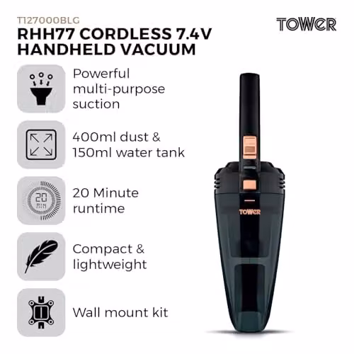 Tower RHH77 Cordless Handheld Vacuum Cleaner with Rechargeable Battery in Gold or Black – 2