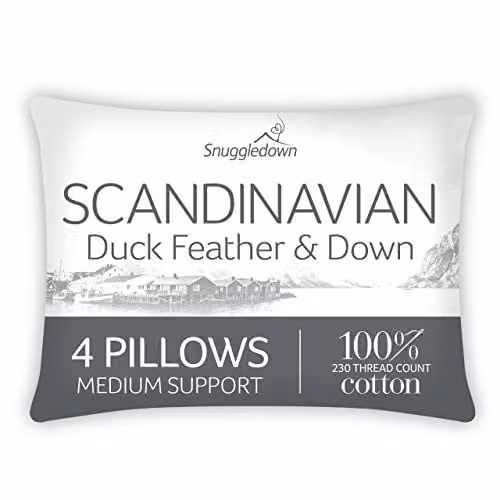 Snuggledown 4 Pack White Duck Feather and Down Pillows with Medium Support and Cotton Cover, W/H: 48 x 74 cm