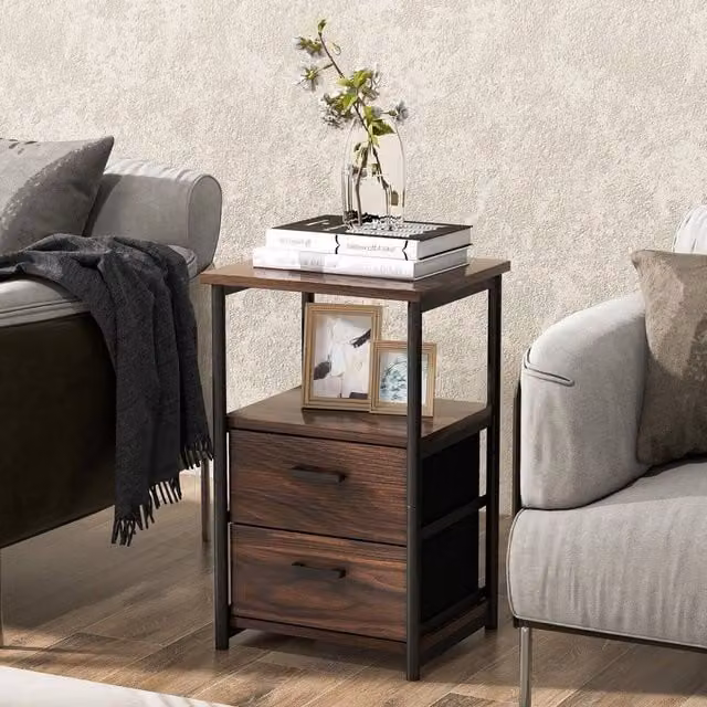 KORVIXA Industrial Nightstand Bedside End Table with 2 Fabric Drawers and Shelf, Brown, W/D/H: 100 x 100 x 58 cm