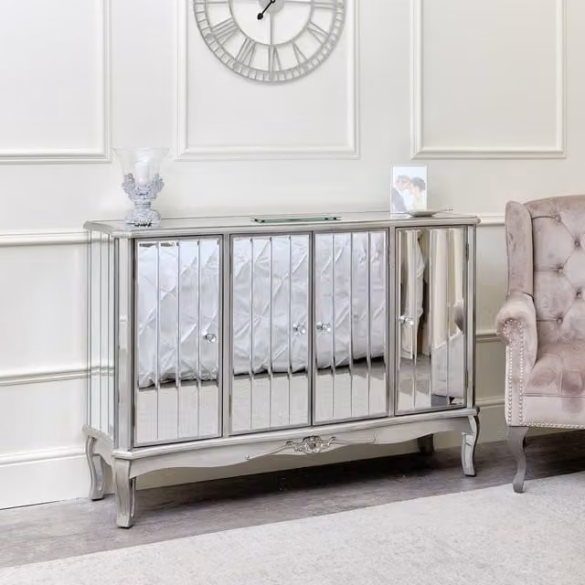 Melody Maison Tiffany Range Large Mirrored Sideboard in Silver