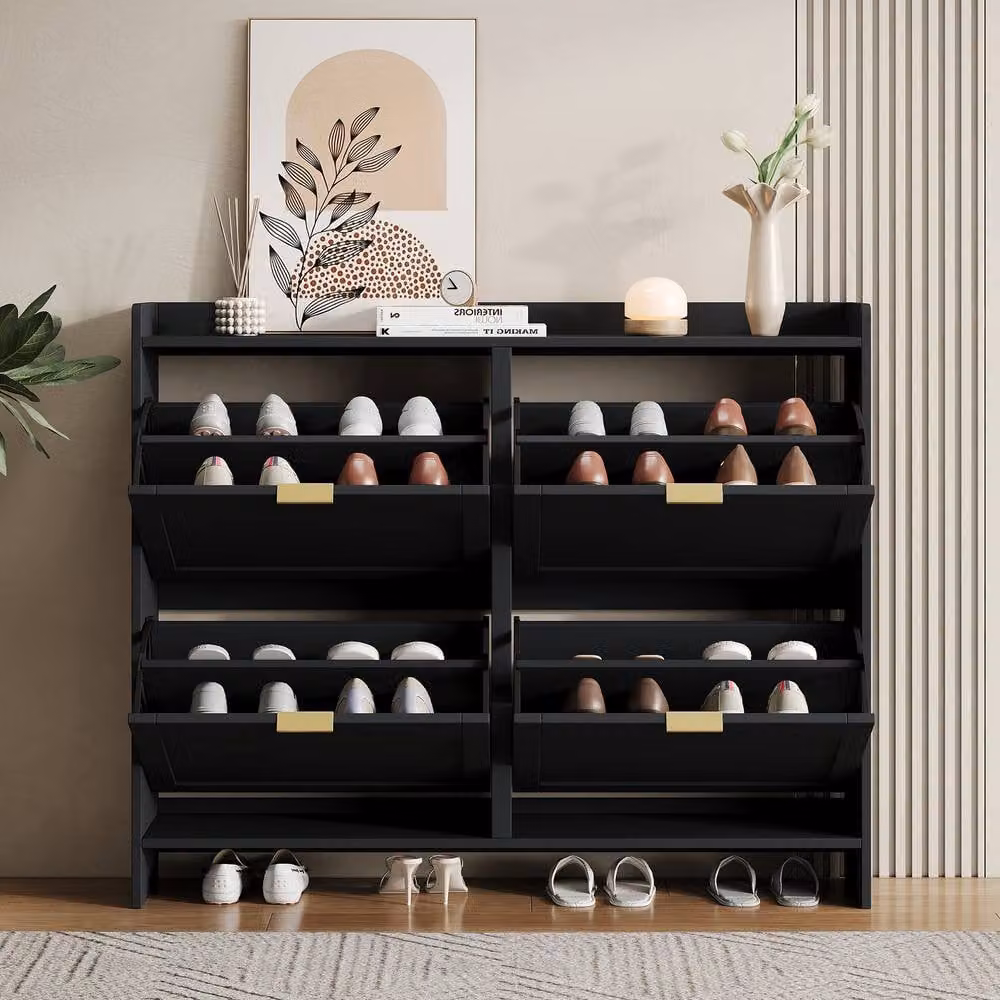 Matteo Modern Black Matt Shoe Cabinet with 4 Tilting Compartments and Open Shelves – 1