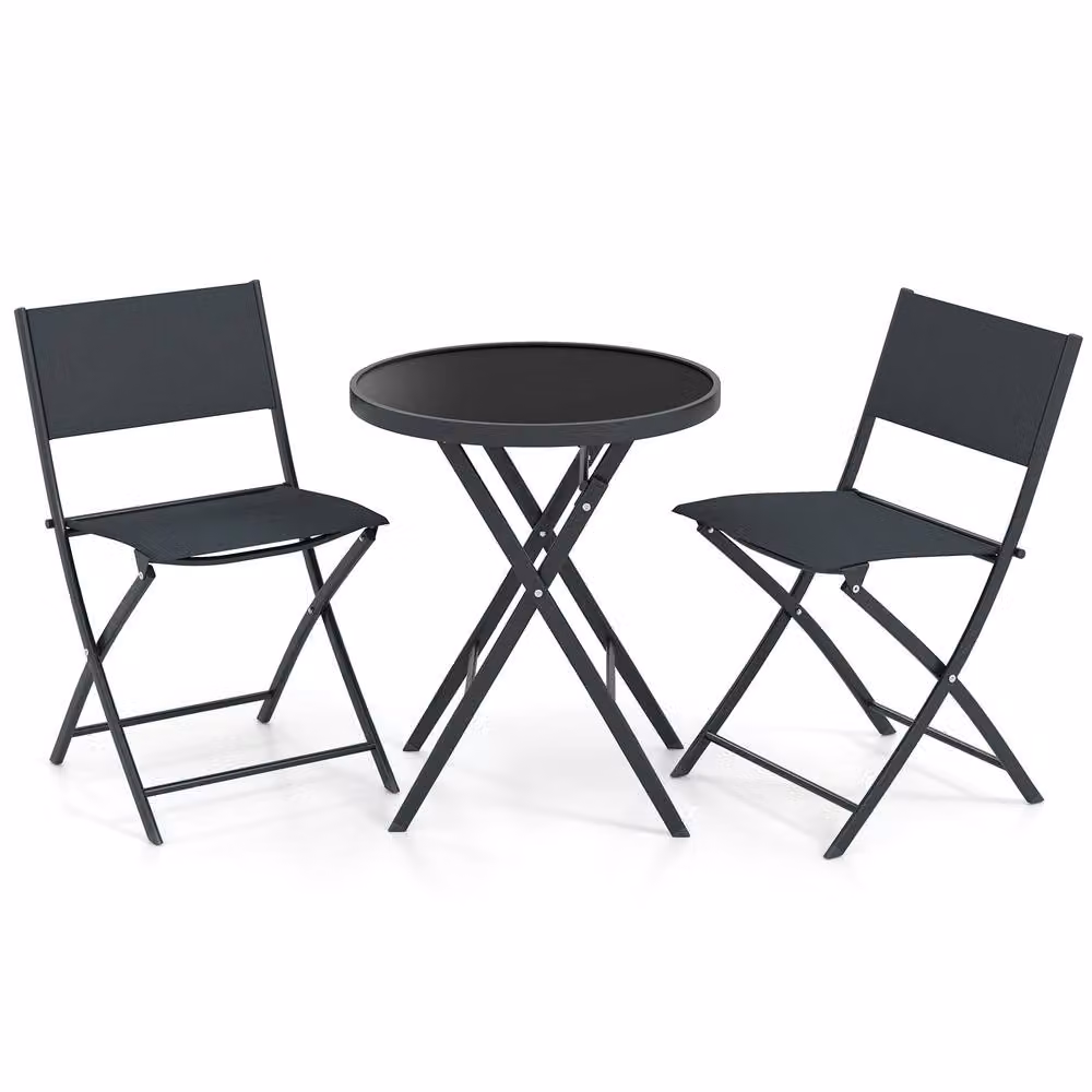 Costway 3 Piece Folding Bistro Set with Metal Frame and Glass Top in Matt Black – 6