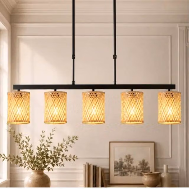 Garwarm 5-Light Rattan Farmhouse Boho Linear Kitchen Island Pendant Light in Brown and Multicolour – 1