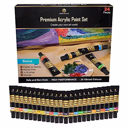 Desire Deluxe 30-Piece Multicolour Acrylic Paint Set with Brushes, Palette, Mixing Knife and Sponge for Canvas, Wood and Ceramic – 5