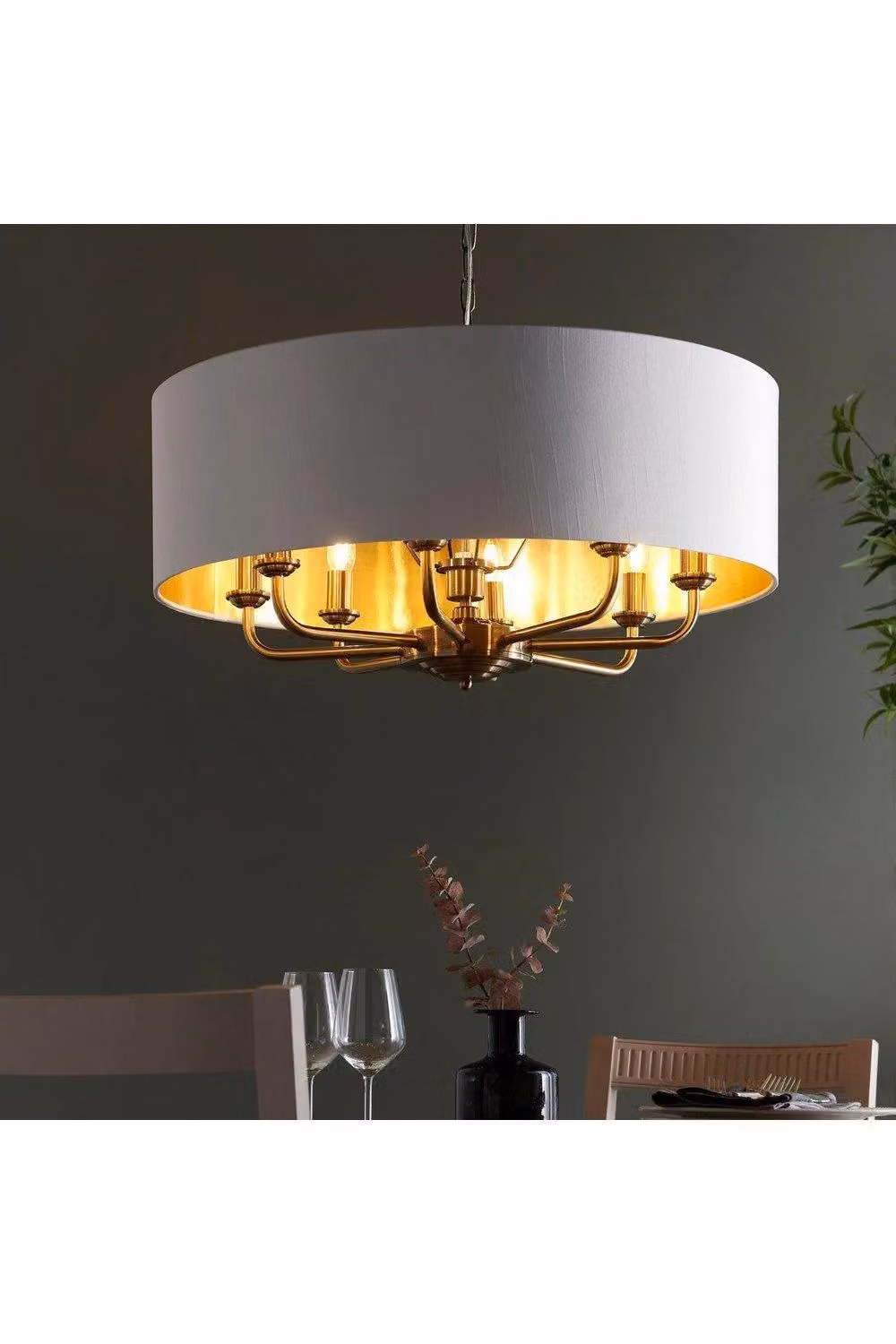 Netlighting Highclere Single Shade Pendant Ceiling Lamp with Antique Brass Plate and Vintage White Fabric in Gold – 2