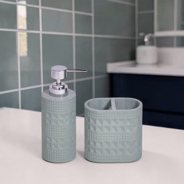 Showerdrape Maison Green and White Bathroom Accessory Set with Soap Dispenser and Toothbrush Holder