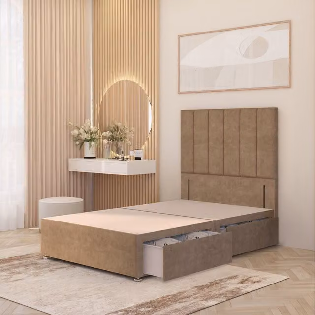 Somnior Beds Ltd Austin Velvet Divan Bed Base with Drawers and Floor Standing Headboard, Beige, W/D/H: 140 x 200 x 34.5 cm