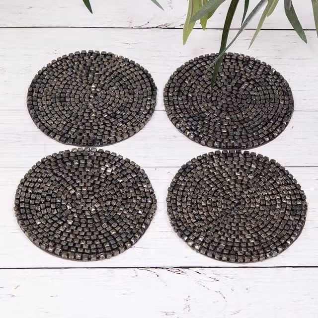 Annibells Set of 4 Round Grey Metallic Glass Beaded Coasters