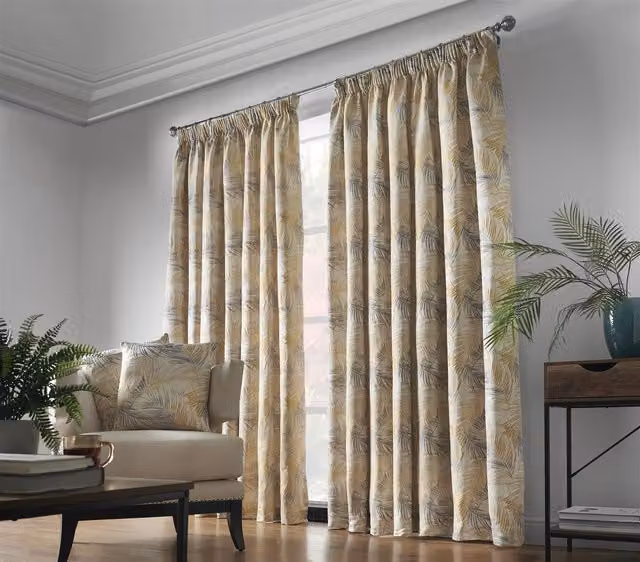 Luxury Living Fern Jacquard Pencil Pleat Taped Top Ready Made Curtains in Yellow, Width: 117 cm, Drop: 229 cm – 1
