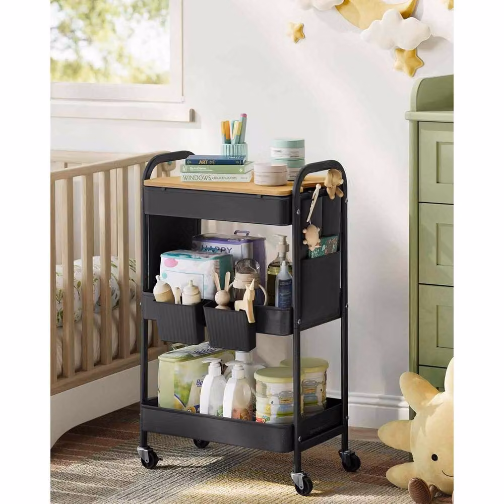 The Bazaarist 3 Tier Rolling Utility Cart with Wood Tabletop, Matt Black – 4