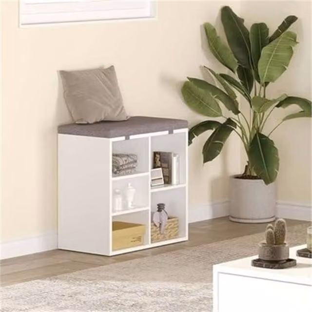 VOGREX 3-Tier Shoe Bench with 5 Cubbies and Removable Fabric Cushion in White – 1