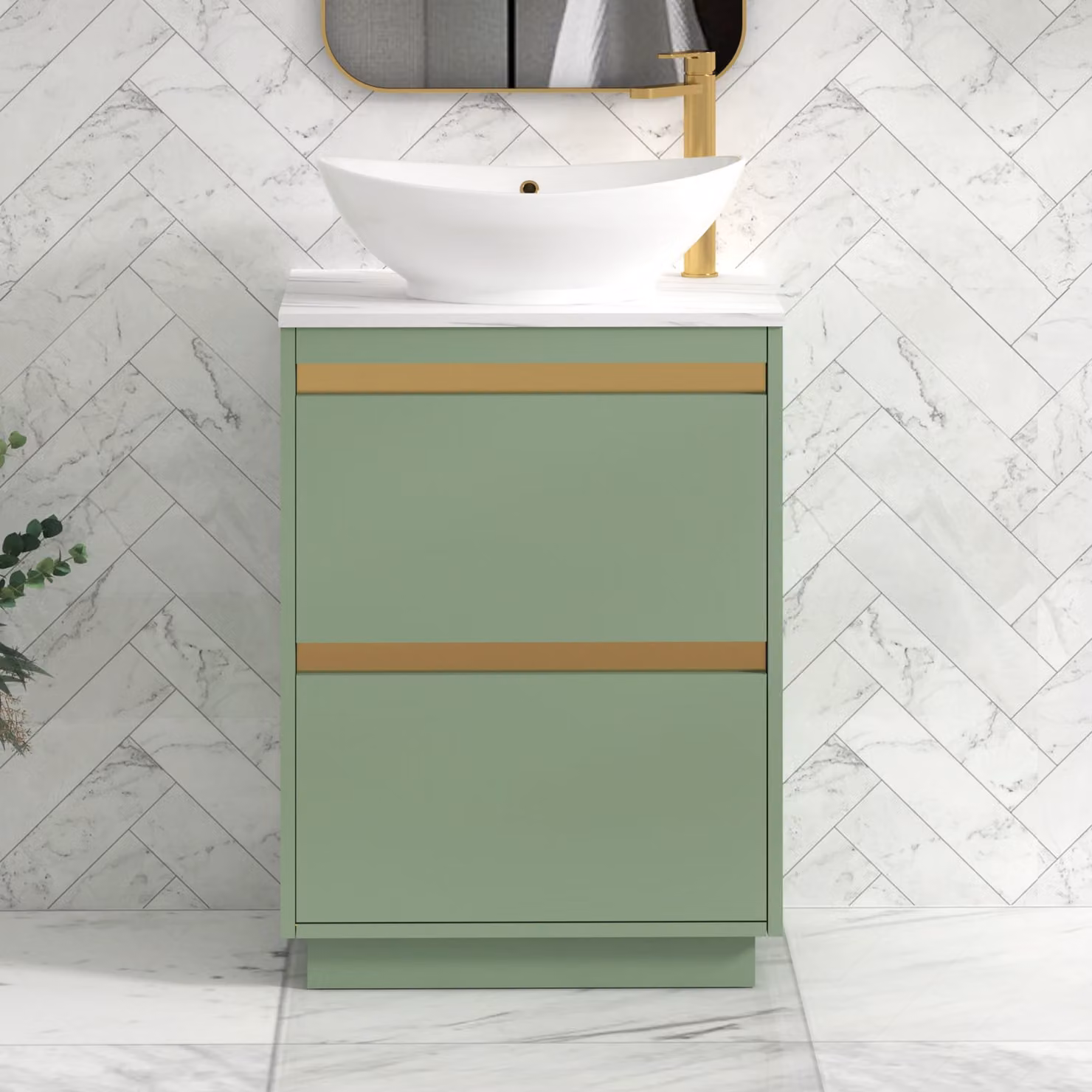 Royal Bathrooms Orion 2 Drawer Floor Standing Countertop Vanity Unit with Amaze Basin in Mint Sage Green and Brushed Brass Trim, Width: 60 cm