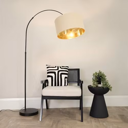 ValueLights Black Metal Arched Floor Lamp with Beige and Gold Fabric Drum Shade and LED Bulb – 3