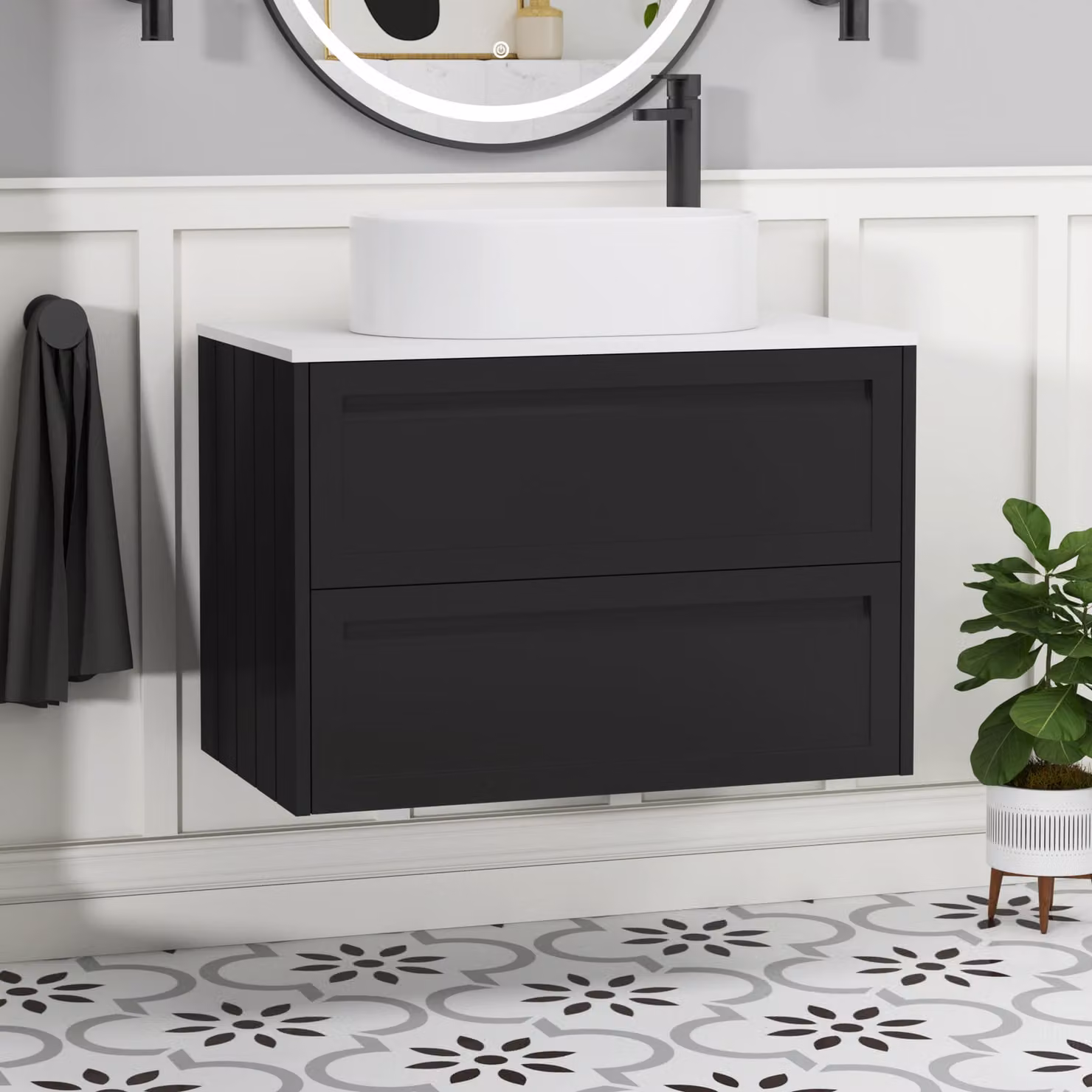 Royal Bathrooms Elmore 800mm Wall Hung Vanity Unit in Matt Nocturne Black with 2 Drawers and Plain White Worktop with Peak Basin