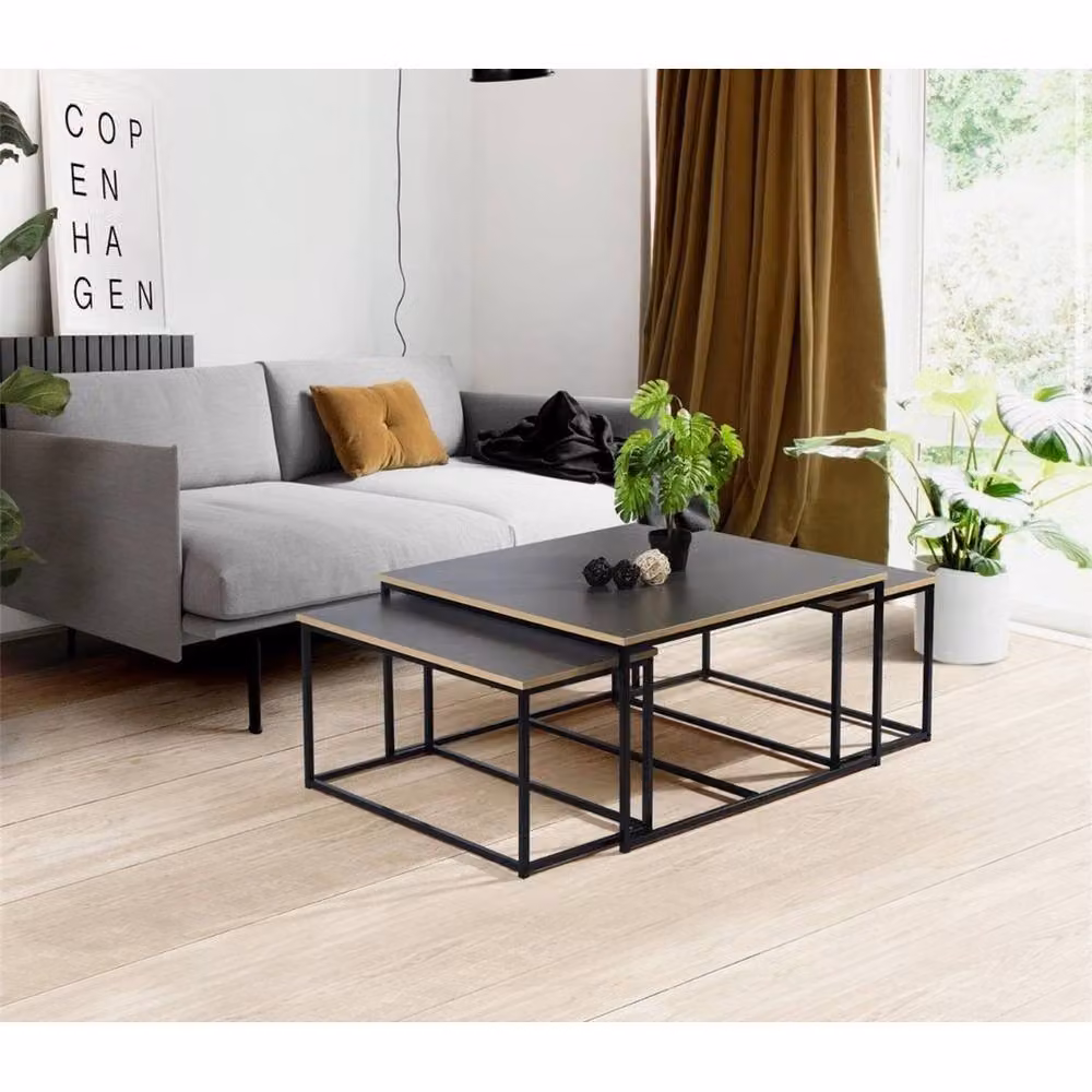 VOGREX 3-Piece Nesting Coffee Table Set with Black Metal Frame and Wood Tops in Industrial Style – 3
