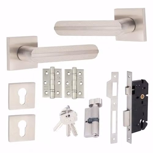 Golden Grace Modern Lima Euro Lock Door Handles and Euro Thumbturn Lock Set in Nickel Plated Silver – 1
