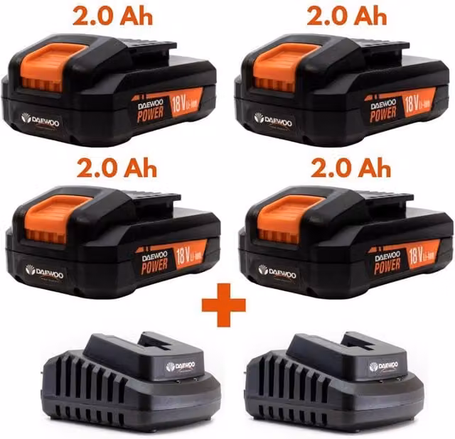 Daewoo U-FORCE 18V 2.0Ah Lithium-Ion Battery and 2 Chargers Set in Black and Orange