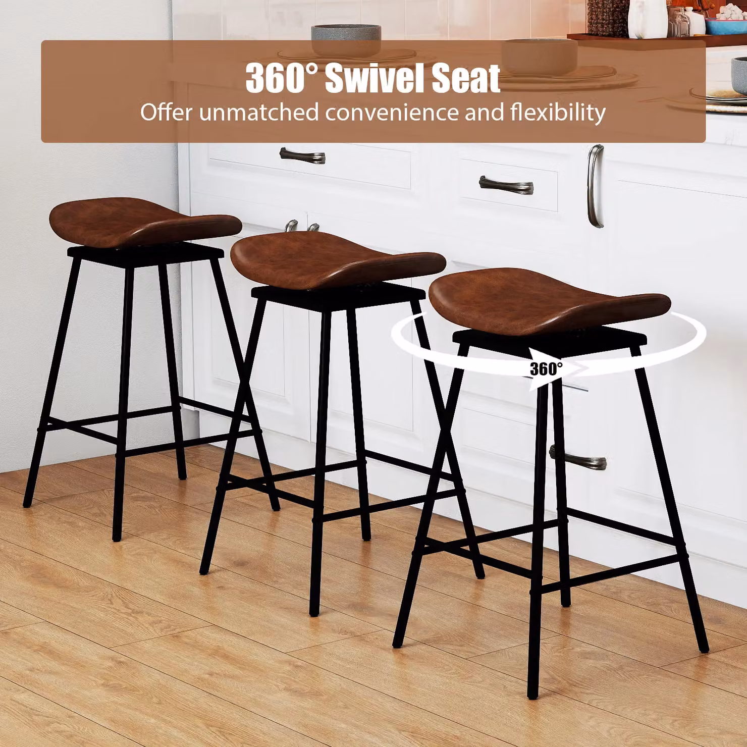 Costway Set of 2 Brown Faux Leather Swivel Barstools with Metal Frame – 3