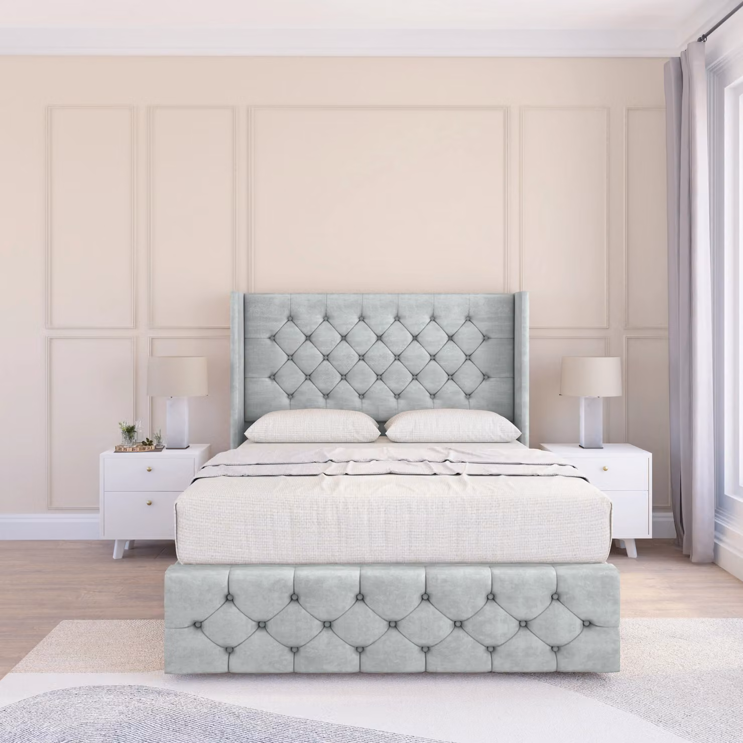 Sloomy Luthor Naples Silver Velvet Wingback Bed Set with Floor Standing Headboard, Super King, W/D/H: 200 x 200 cm