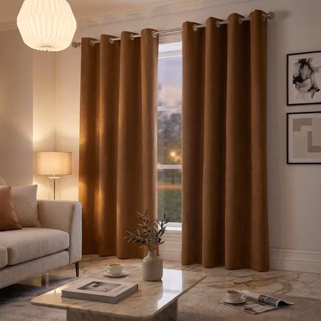 Livinluxury Brown Velvet Chenille Eyelet Ring Top Curtains, Width: 137 cm