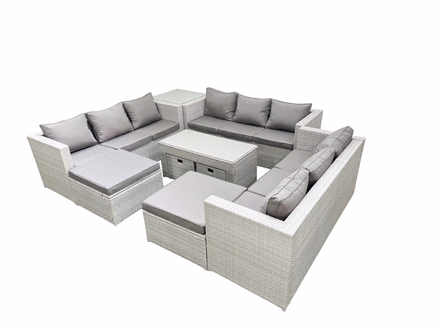 Fimous 13 Seater Rattan Garden Furniture Set in Light Grey with Grey Cushions, Coffee Table and Side Table – 2