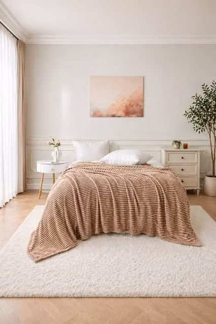 Dyzi Large Supersoft Ribbed Jacquard Fleece Throw Blanket in Light Brown, W: 200 cm, D: 240 cm – 1