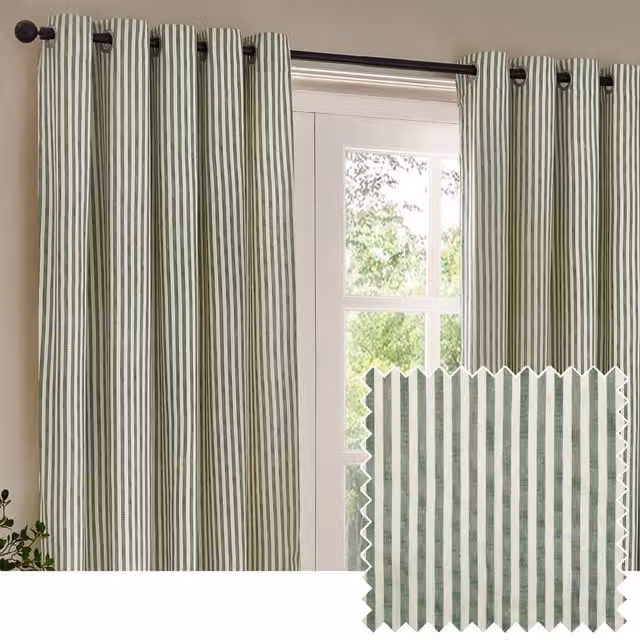 Yard Hebden Forest Green and Black Striped Cotton Eyelet Blackout Curtains