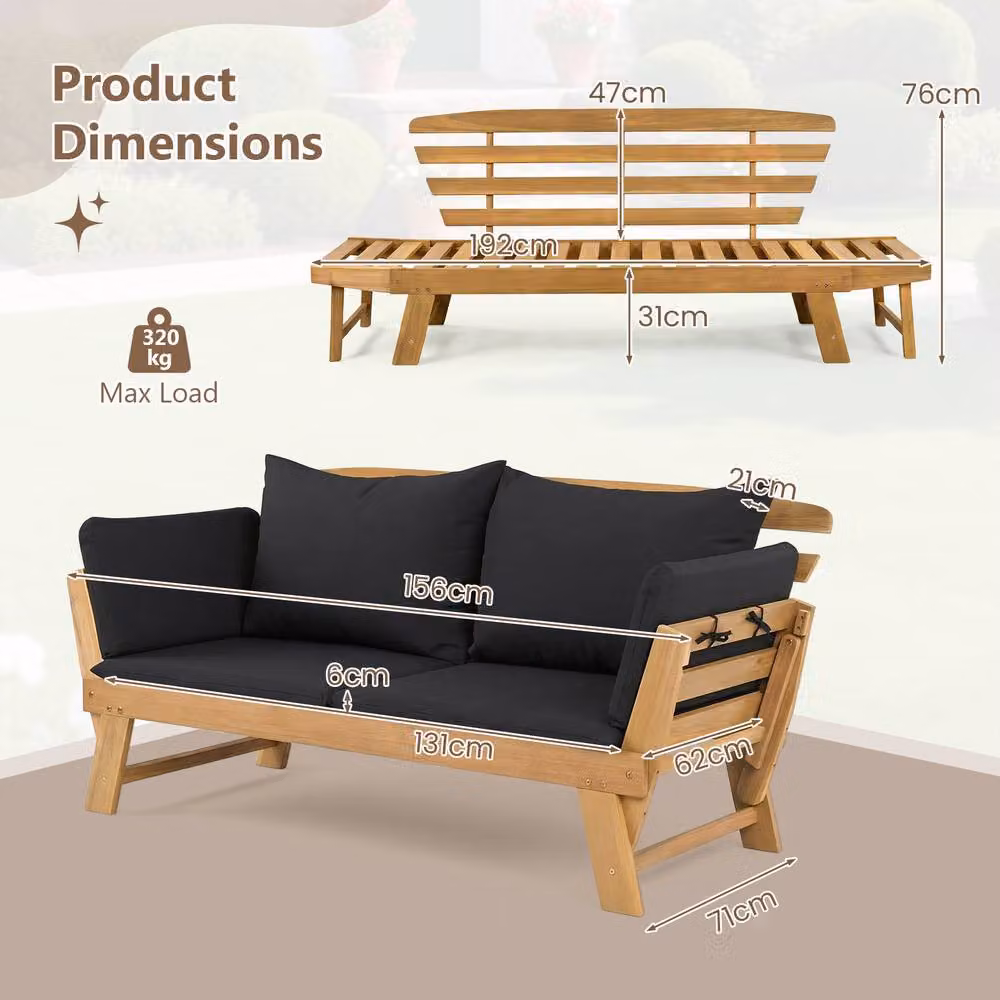 Costway Convertible Outdoor Daybed and Patio Sofa Bed with Adjustable Armrests in Black Acacia Wood – 9
