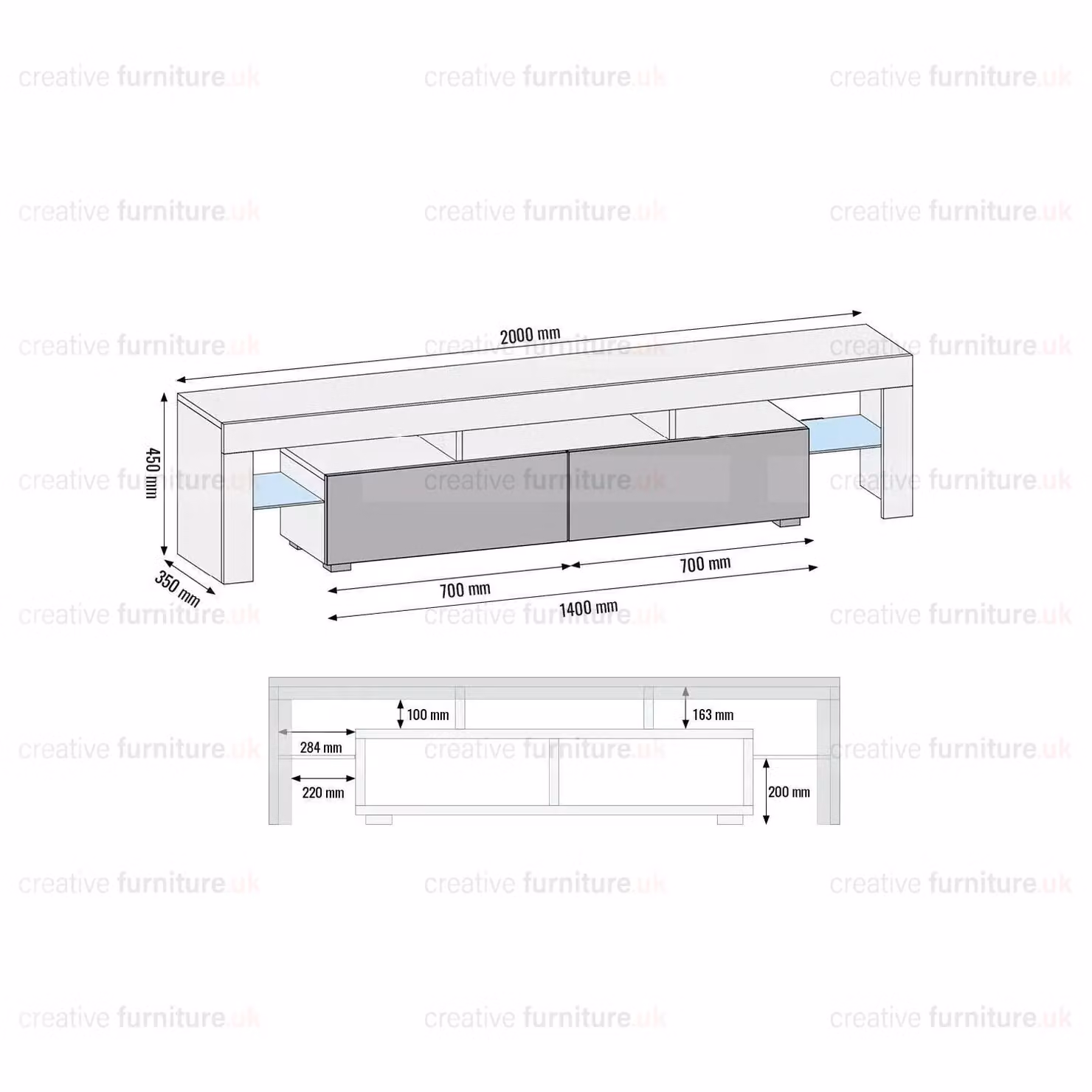 Creative Furniture Modern Black High Gloss TV Unit W: 200 cm, H: 45 cm, D: 35 cm – 3