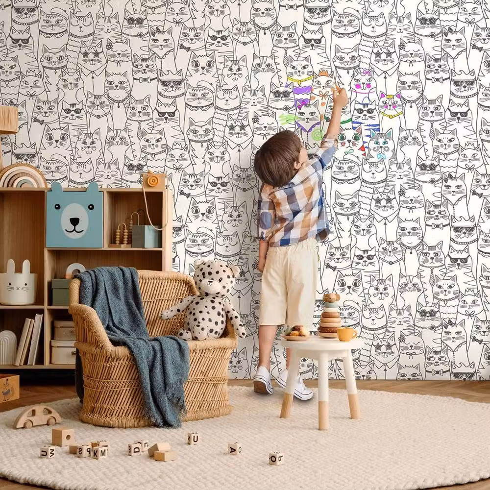 Holden Decor Colour-Me Cats Textured Animal Print Wallpaper in Black and White – 3