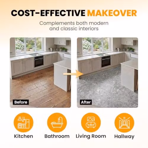 Novecrafto Self Adhesive Vinyl Floor Tiles, Light Grey Marbled Stone Look, 30 Pack, W/D: 30.5 x 30.5 cm – 6