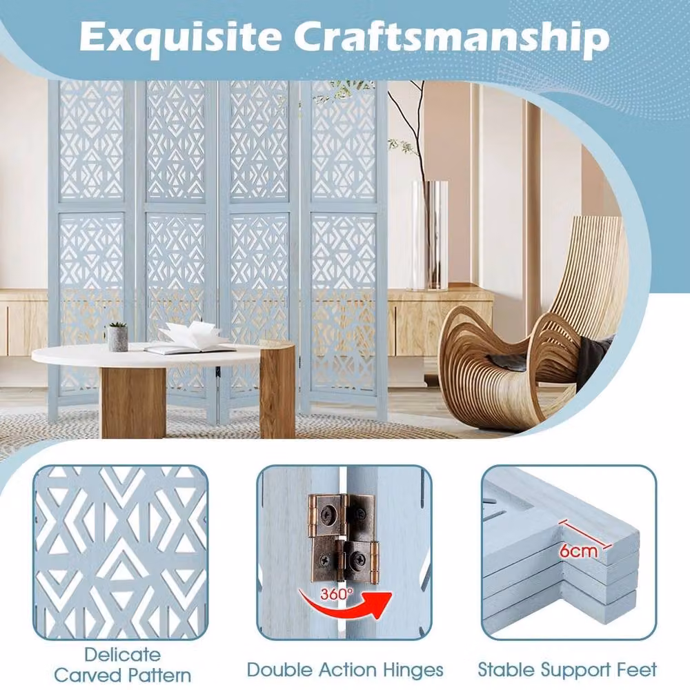 NESTLUNE 4 Panel Folding Room Divider Carved Privacy Screen in Blue, H 165 cm x W 100 cm x D 100 cm – 2