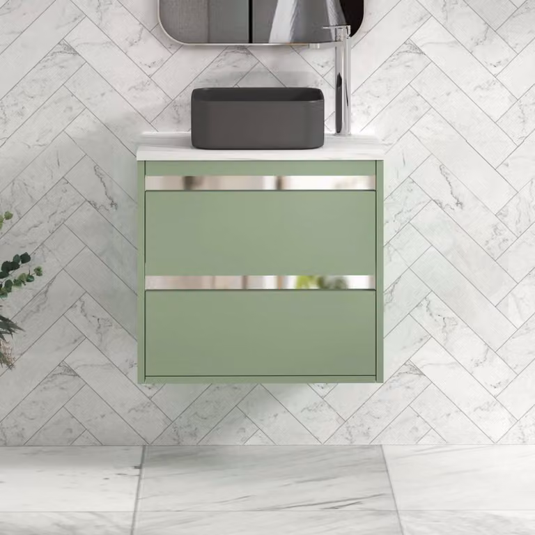 Royal Bathrooms Orion 600mm Wall Mounted Mint Sage Vanity Unit with 2 Drawers and Art Square Basin