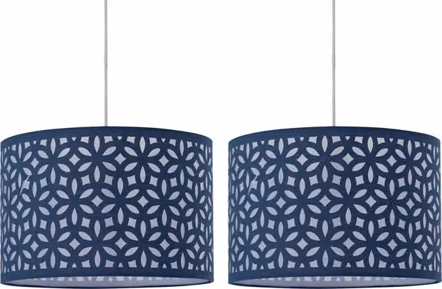 First Choice Lighting Set of 2 Navy Blue Laser Cut Cylinder Pendant Lightshades, Diameter: 33 cm
