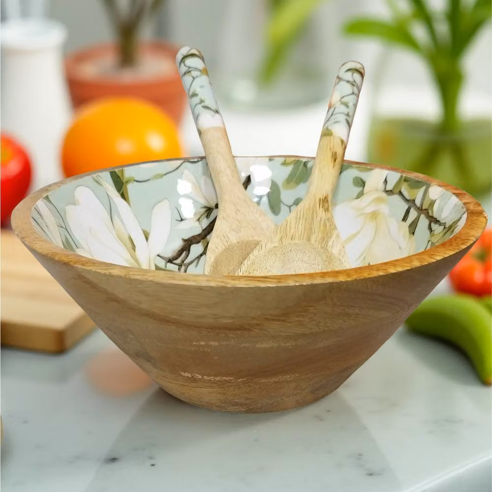 Hartsmede Snowbell Handmade Mango Wood Serving Bowl with Spoons, Green Floral Enamel Interior, 3L – 2