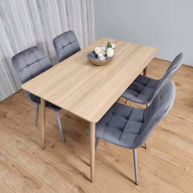 Kosy Koala Oak Effect Rectangular Dining Table and 4 Grey Velvet Tufted Chairs Set, W/D/H: 140 x 70 x 75 cm