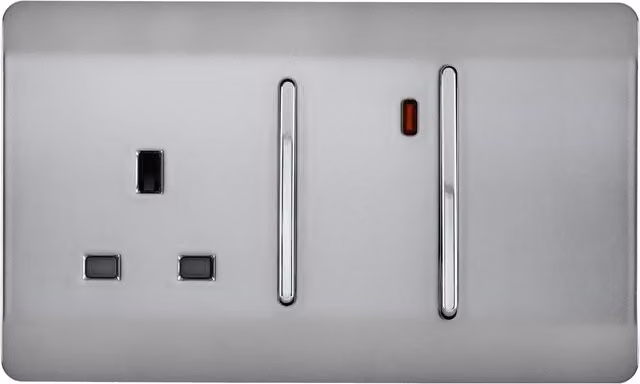 Trendi 45A Cooker Switch with Plug Socket and Neon Insert in Brushed Steel Silver/Grey