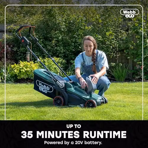 Webb Eco 20V Green Brushless Cordless Lawnmower with 33cm Cutting Width, 35L Collector and Rechargeable Battery and Charger – 4