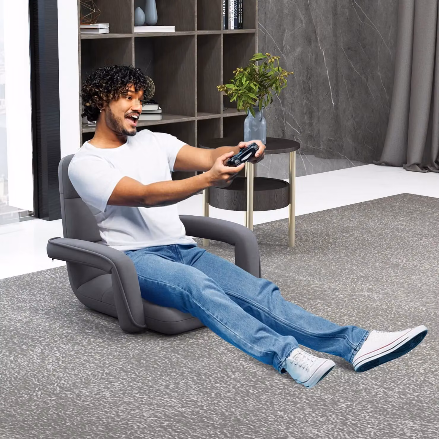 Gymax Grey Microfibre Floor Gaming Chair with 6-Position Adjustable Back and Armrests – 3