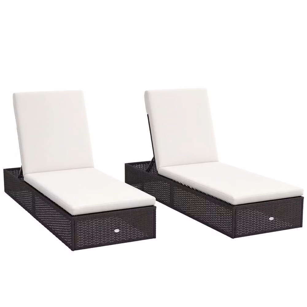 OUTSUNNY Set of 2 Brown Rattan Sun Loungers with Adjustable Back and Weatherproof Cushions – 2