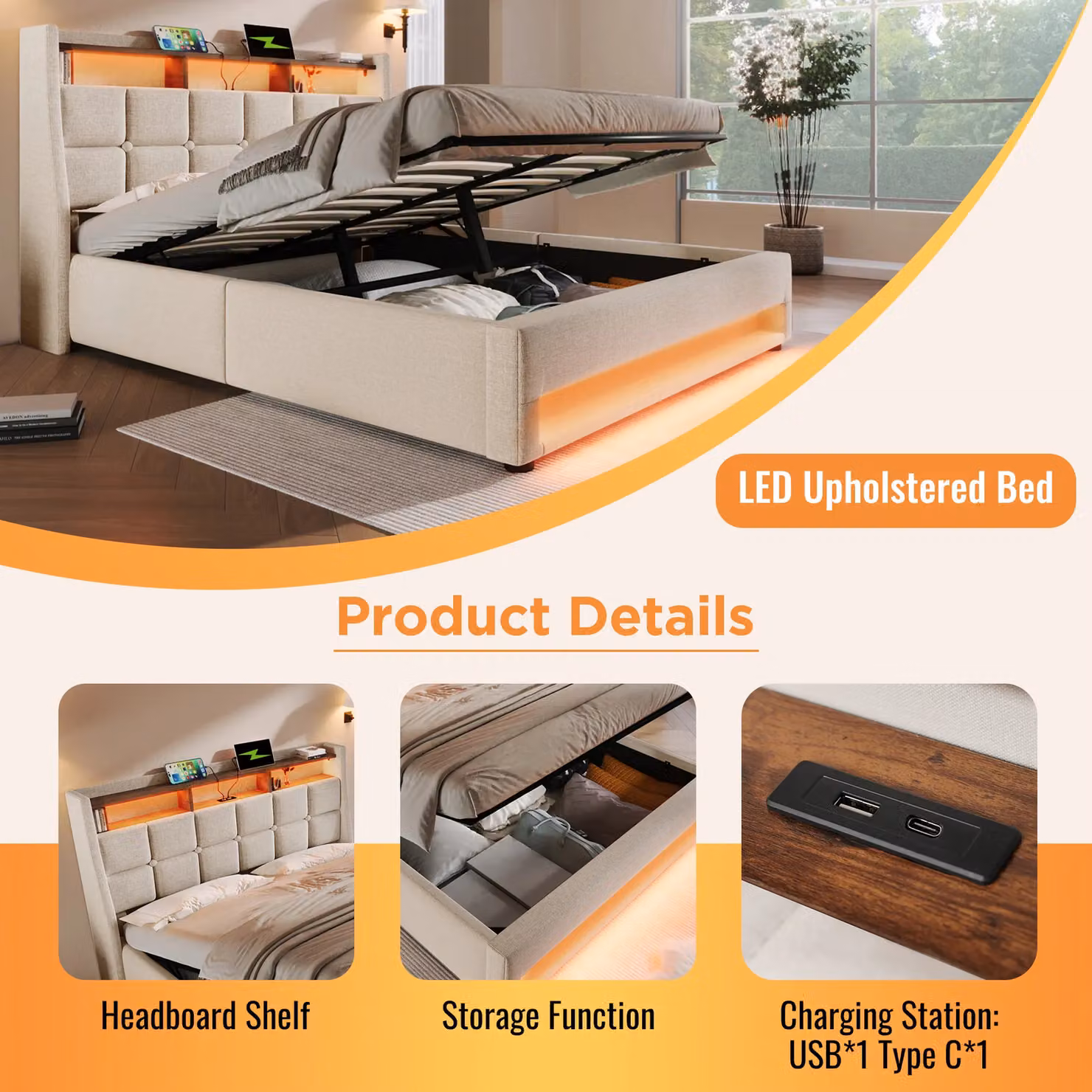 Matteo Upholstered Double Bed in Beige with LED Under-Bed Lighting and USB Charging Port, W: 150 cm, D: 200 cm – 3