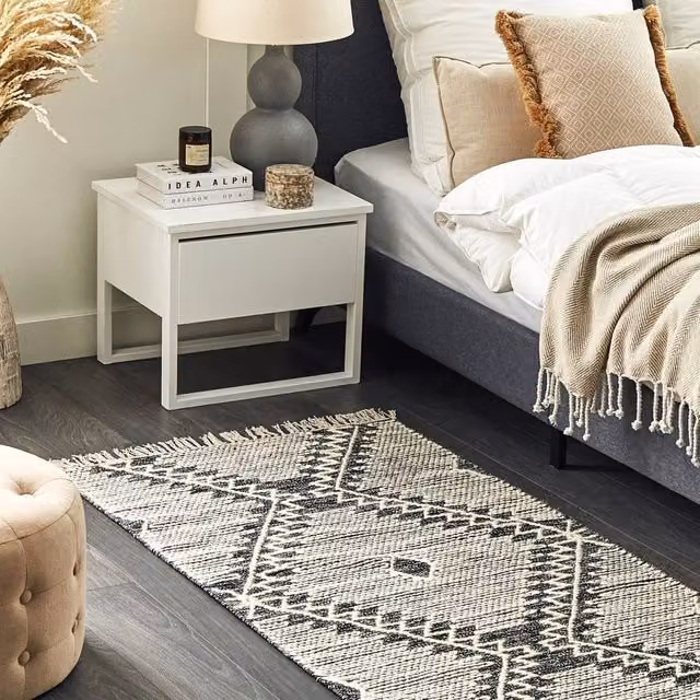 Wyld Haus Geometric Handwoven Cotton and Wool Rug in White and Black, W: 80 cm, L: 150 cm