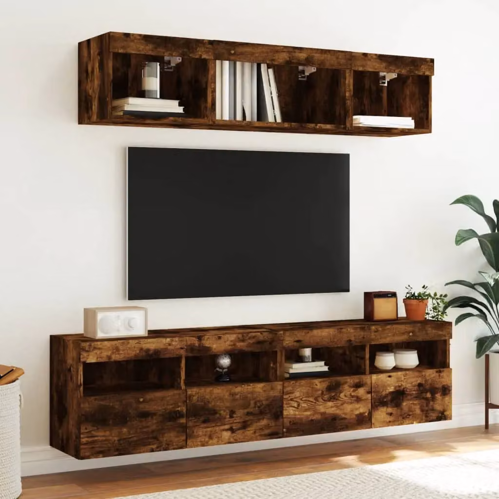 Berkfield Home Modern Wall Mounted TV Cabinet with Integrated LED Lights in Smoked Oak Brown, W: 80 cm, D: 30 cm, H: 40 cm – 6