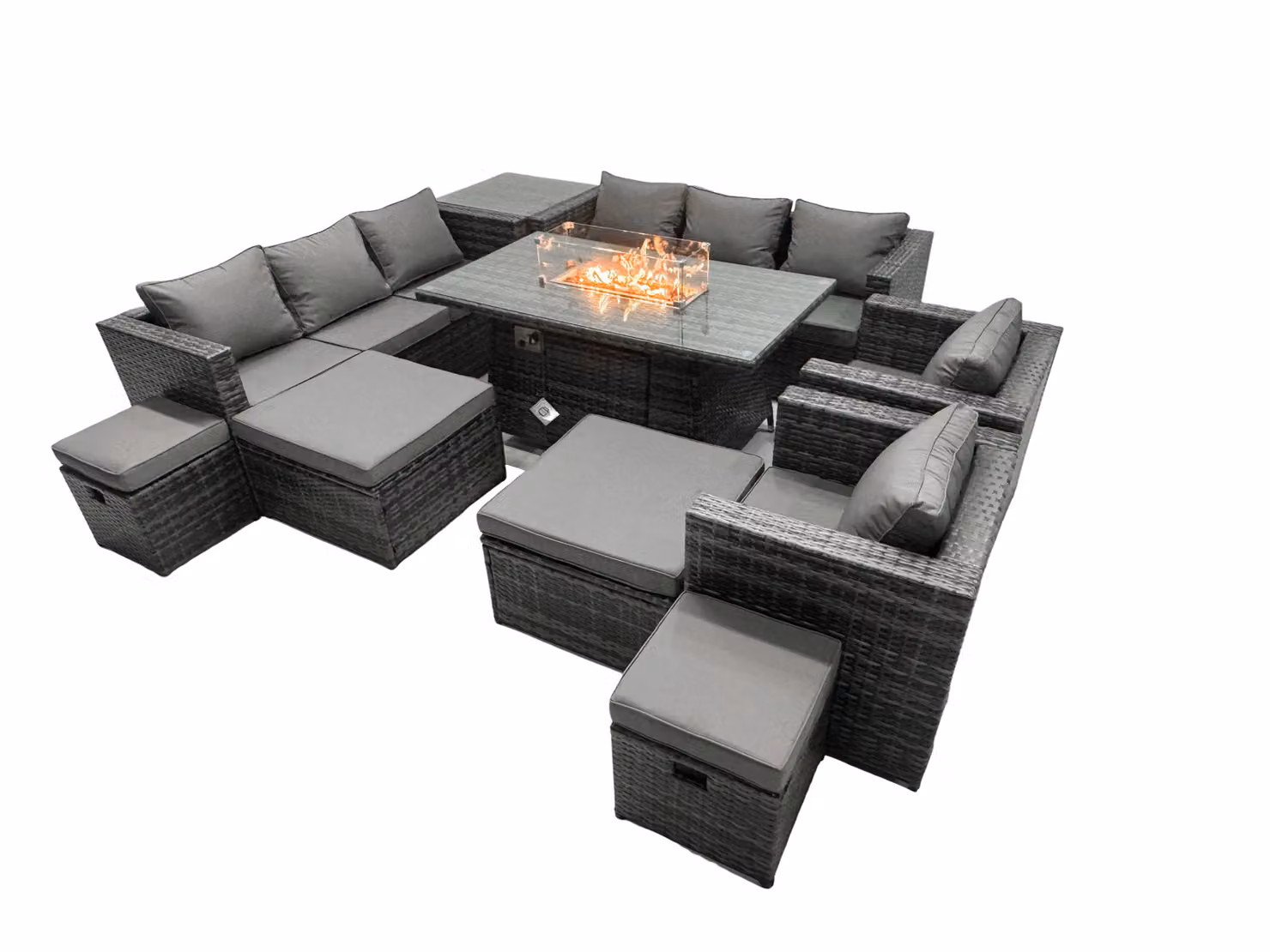 Fimous 12 Seater Rattan Garden Furniture Firepit Dining Set with Lounge Sofa, Table, Side Table and 2 Footstools in Dark Grey – 2