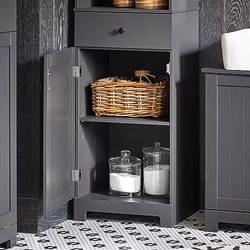 SoBuy Tall Slim Freestanding Bathroom Storage Cabinet in Grey with Hinged Door, Drawer and Shelves, W/D/H: 40 x 35 x 161 cm – 4