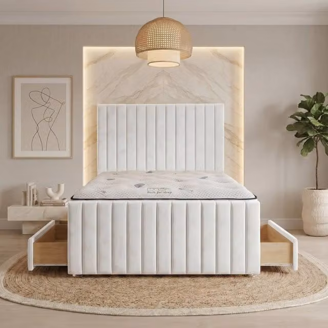 Somnior Eleanor White Velvet Upholstered Hybrid Divan Bed with 4 Drawers and Mattress, W/D/H: 140 x 200 cm
