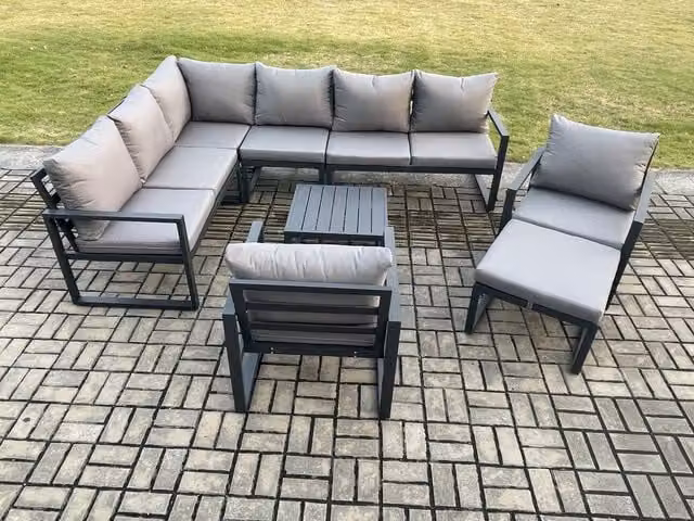 Fimous 9 Seater Aluminium Garden Furniture Set in Dark Grey with Corner Sofa, 2 Chairs, Coffee Table and Ottoman