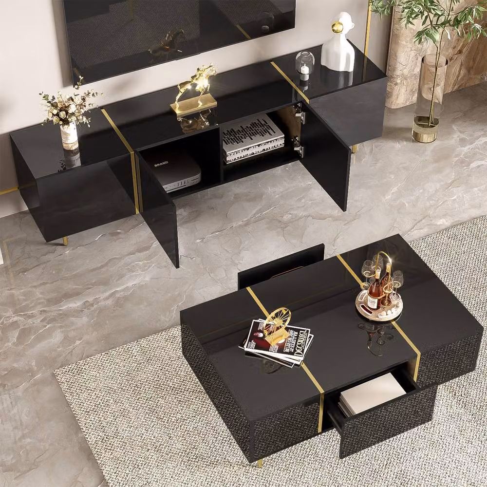 Merax Modern High-Gloss Living Room Set with TV Cabinet and Coffee Table in Black – 3